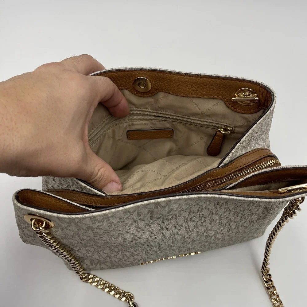 Michael Kors Jet Set Travel Beige Signature MK Logo Chain Shoulder‎ Tote Bag - Picture 11 of 16